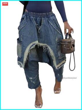 Womens Baggy Harem Jeans Elastic High Waist Wide Leg Cropped Raw Hem Denim